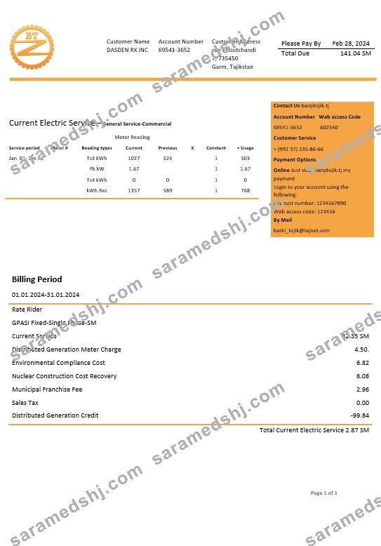 Tajikistan Barqi Tojik Company electricity business utility bill template in Word and PDF formats